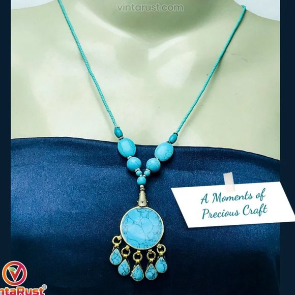 Turquoise Beaded Necklace, Boho Tribal Statement Necklaces, Necklace - Picture 12 of 12